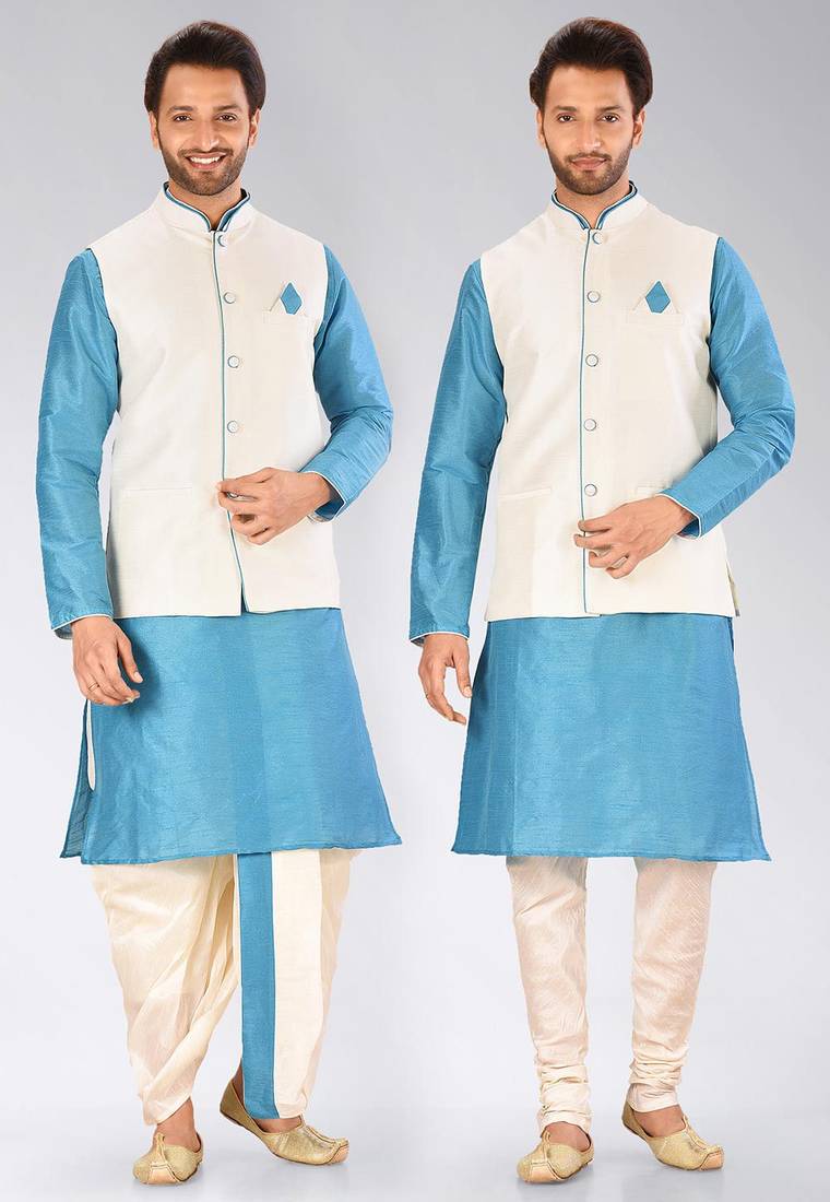 Firoza dupon art silk kurta, jacket with matching dhoti and churidar