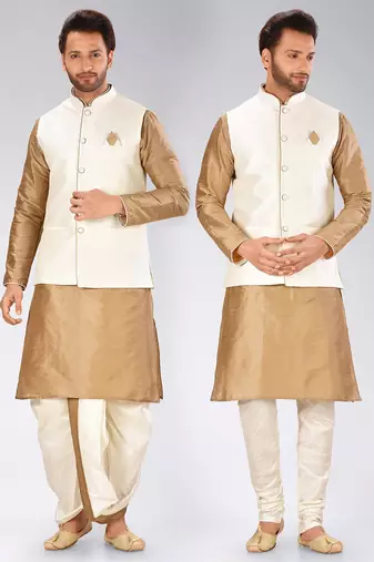 Chiku dupon art silk kurta, jacket with matching dhoti and churidar