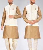 Chiku dupon art silk kurta, jacket with matching dhoti and churidar