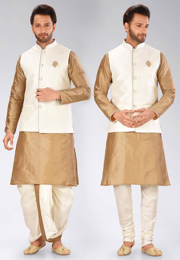 Chiku dupon art silk kurta, jacket with matching dhoti and churidar