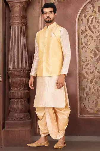 Deep cream dupon art silk kurta, jacket with matching dhoti