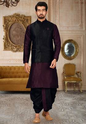 Wine dupon art silk kurta, jacket with matching dhoti 1