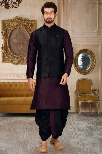 Wine dupon art silk kurta, jacket with matching dhoti