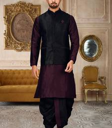 Wine dupon art silk kurta, jacket with matching dhoti