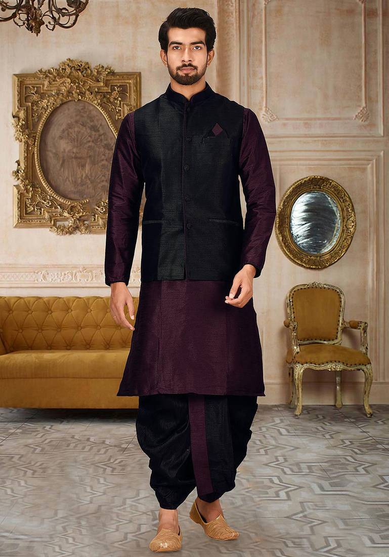 Wine dupon art silk kurta, jacket with matching dhoti