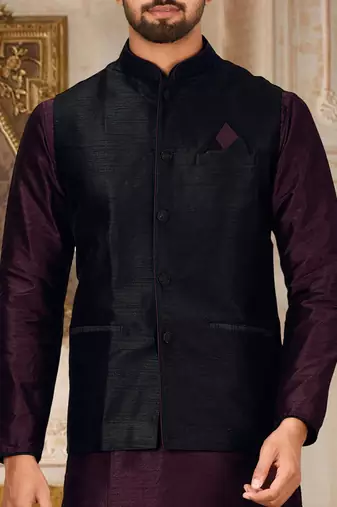 Wine dupon art silk kurta, jacket with matching dhoti