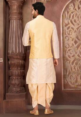 Deep cream dupon art silk kurta, jacket with matching dhoti 4