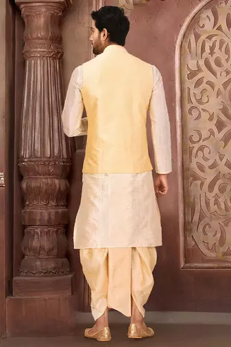 Deep cream dupon art silk kurta, jacket with matching dhoti