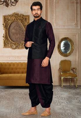 Wine dupon art silk kurta, jacket with matching dhoti 3