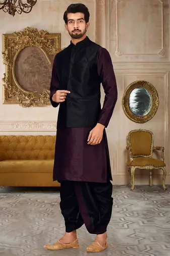 Wine dupon art silk kurta, jacket with matching dhoti