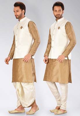 Chiku dupon art silk kurta, jacket with matching dhoti and churidar 4
