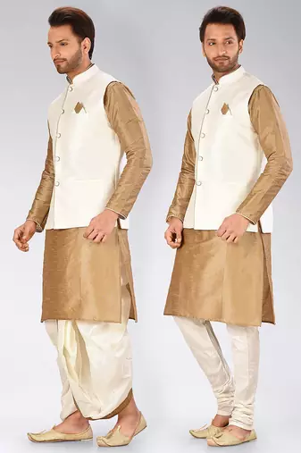 Chiku dupon art silk kurta, jacket with matching dhoti and churidar
