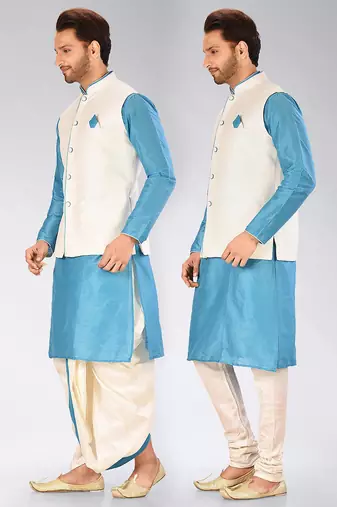 Firoza dupon art silk kurta, jacket with matching dhoti and churidar