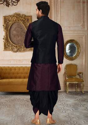 Wine dupon art silk kurta, jacket with matching dhoti 4