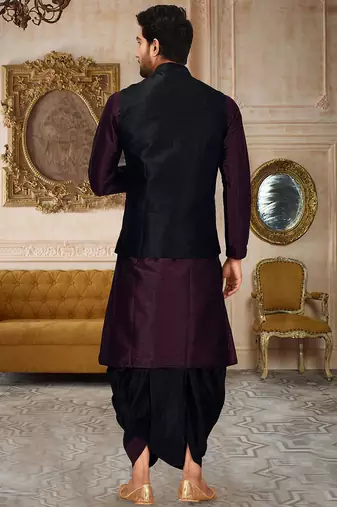 Wine dupon art silk kurta, jacket with matching dhoti