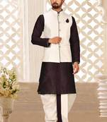 Wine dupon art silk kurta, jacket with matching dhoti