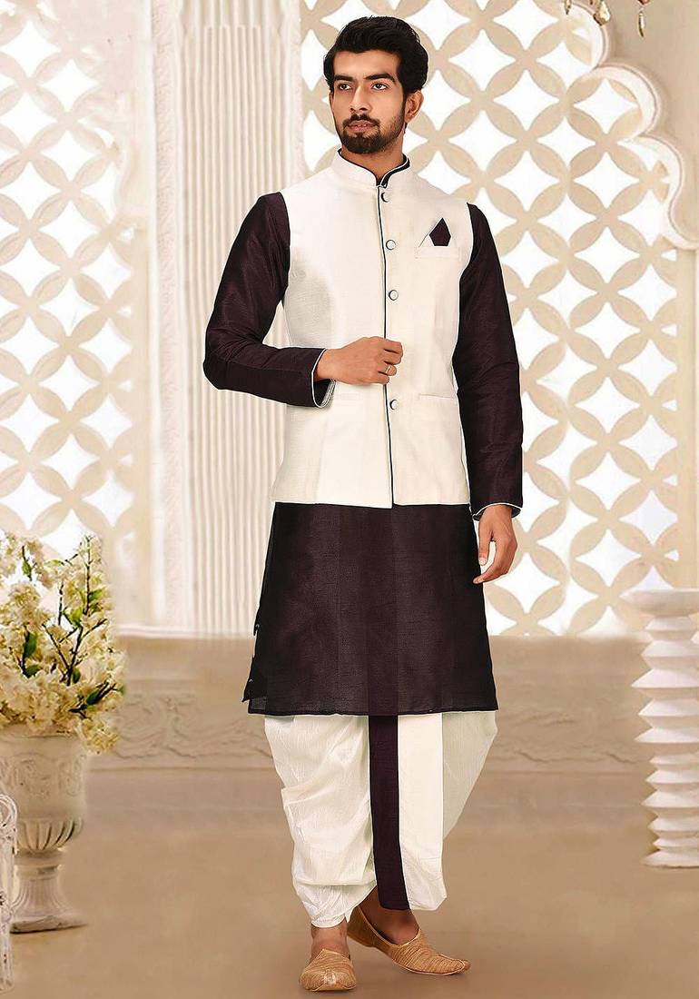 Wine dupon art silk kurta, jacket with matching dhoti