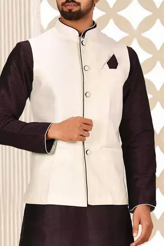 Wine dupon art silk kurta, jacket with matching dhoti