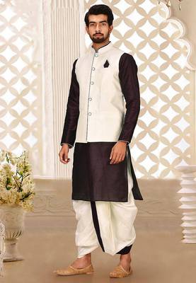 Wine dupon art silk kurta, jacket with matching dhoti 3