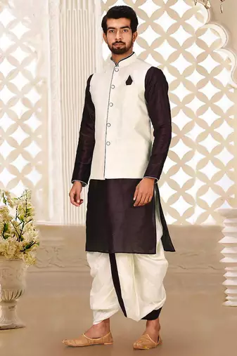 Wine dupon art silk kurta, jacket with matching dhoti