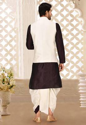 Wine dupon art silk kurta, jacket with matching dhoti 4