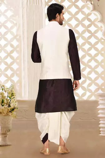 Wine dupon art silk kurta, jacket with matching dhoti