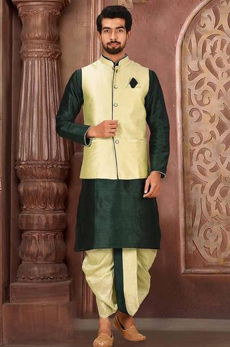 Rama green dupon art silk kurta, jacket with matching dhoti