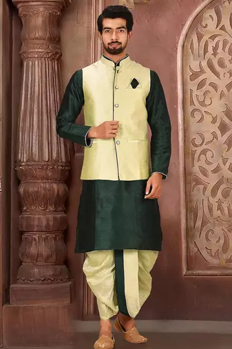 Rama green dupon art silk kurta, jacket with matching dhoti