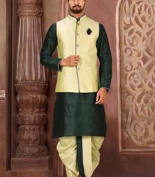 Rama green dupon art silk kurta, jacket with matching dhoti