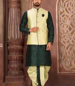 Rama green dupon art silk kurta, jacket with matching dhoti