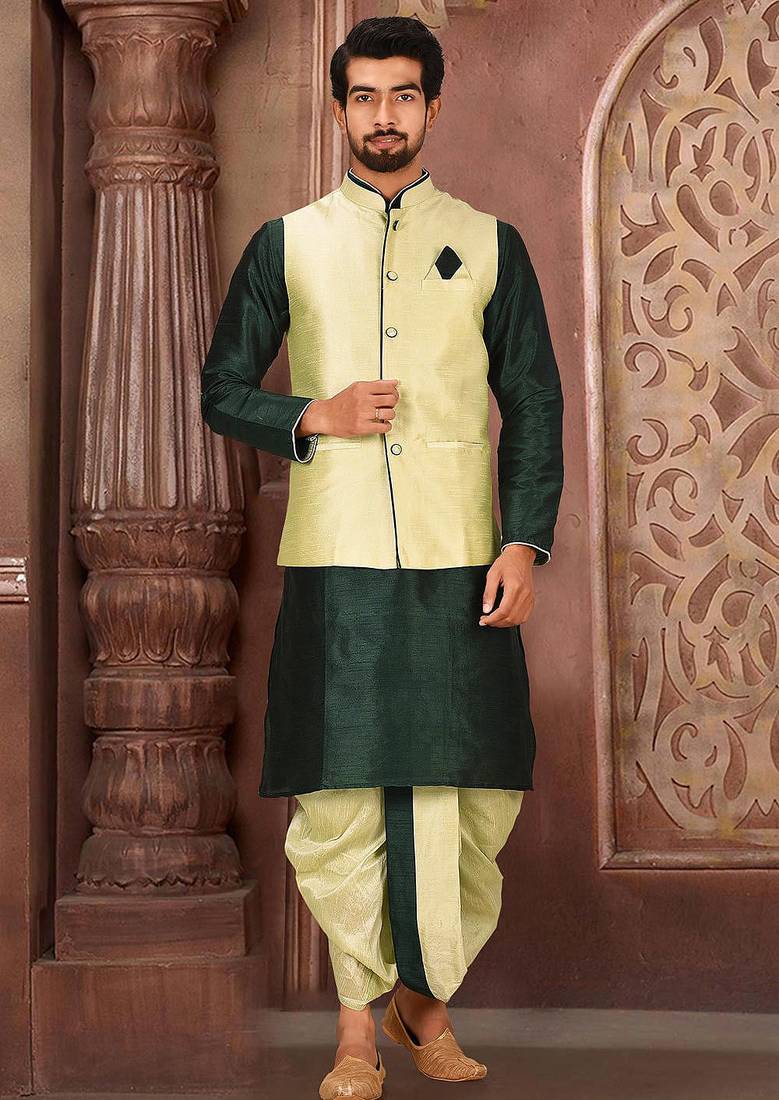 Rama green dupon art silk kurta, jacket with matching dhoti