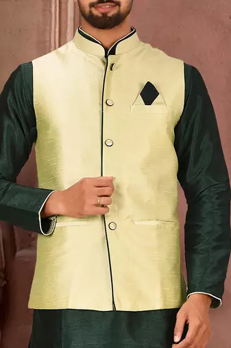 Rama green dupon art silk kurta, jacket with matching dhoti