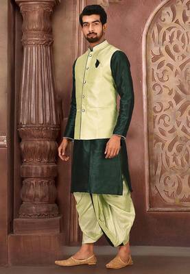 Rama green dupon art silk kurta, jacket with matching dhoti 3