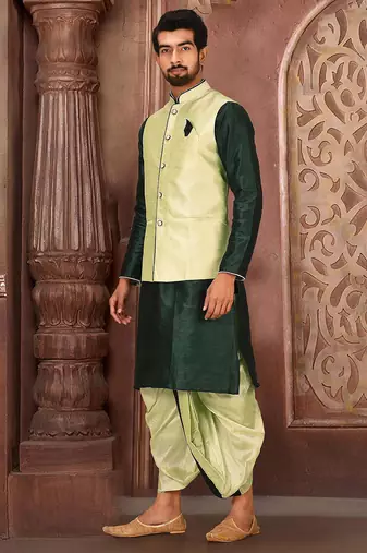 Rama green dupon art silk kurta, jacket with matching dhoti