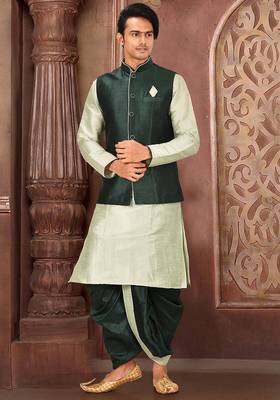 Sea green dupon art silk kurta, jacket with matching dhoti 1