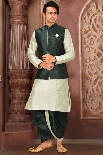 Sea green dupon art silk kurta, jacket with matching dhoti