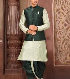 Sea green dupon art silk kurta, jacket with matching dhoti