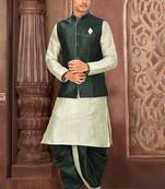 Sea green dupon art silk kurta, jacket with matching dhoti