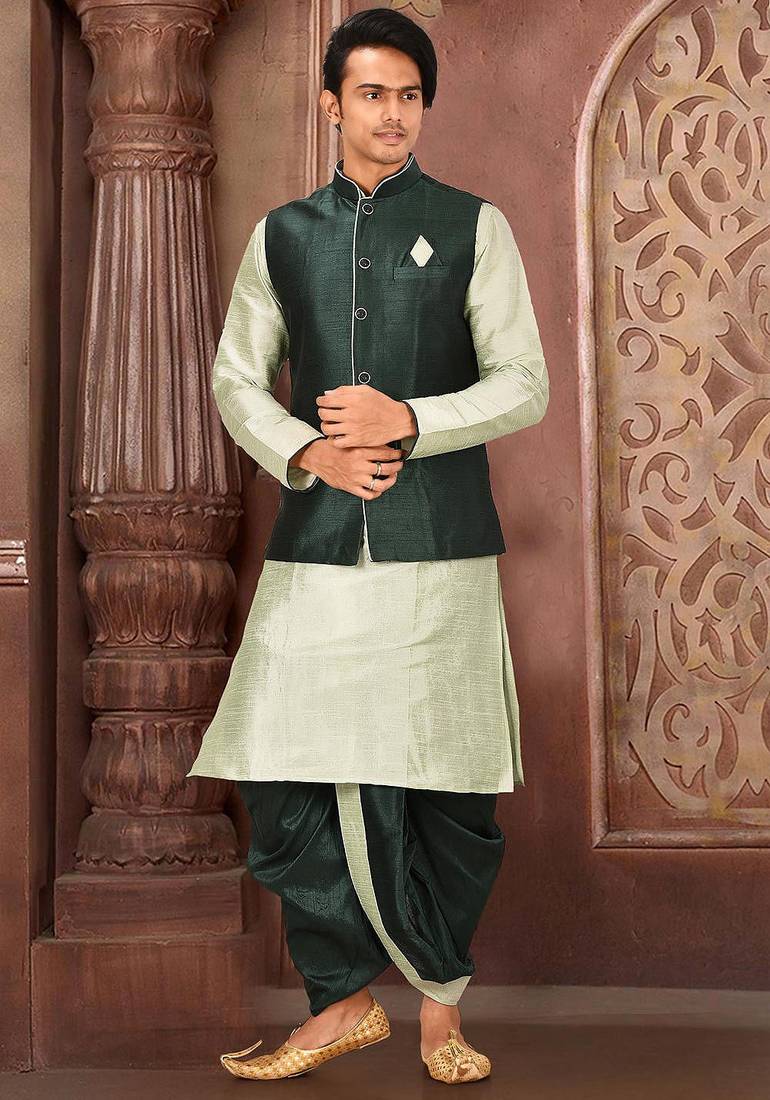 Sea green dupon art silk kurta, jacket with matching dhoti