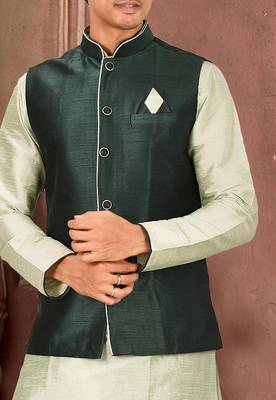 Sea green dupon art silk kurta, jacket with matching dhoti 2
