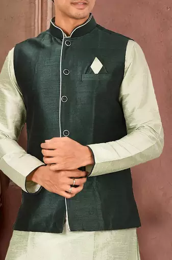 Sea green dupon art silk kurta, jacket with matching dhoti