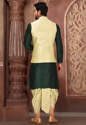 Rama green dupon art silk kurta, jacket with matching dhoti 4
