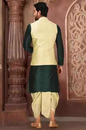 Rama green dupon art silk kurta, jacket with matching dhoti