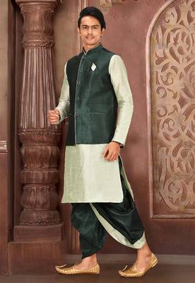 Sea green dupon art silk kurta, jacket with matching dhoti 3
