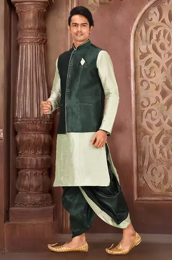 Sea green dupon art silk kurta, jacket with matching dhoti