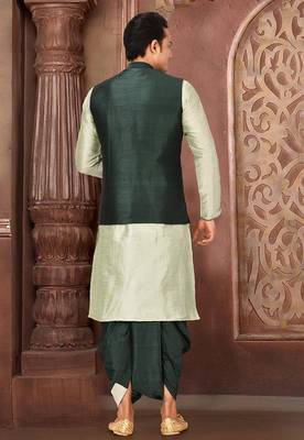 Sea green dupon art silk kurta, jacket with matching dhoti 4