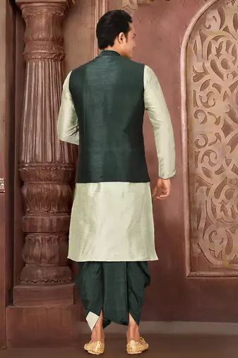 Sea green dupon art silk kurta, jacket with matching dhoti
