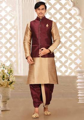 Chikoo dupon art silk kurta, jacket with matching dhoti 1
