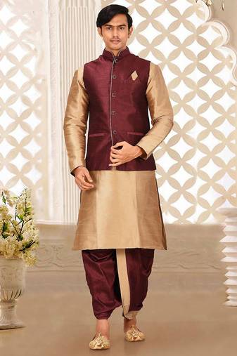 Chikoo dupon art silk kurta, jacket with matching dhoti