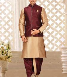 Chikoo dupon art silk kurta, jacket with matching dhoti